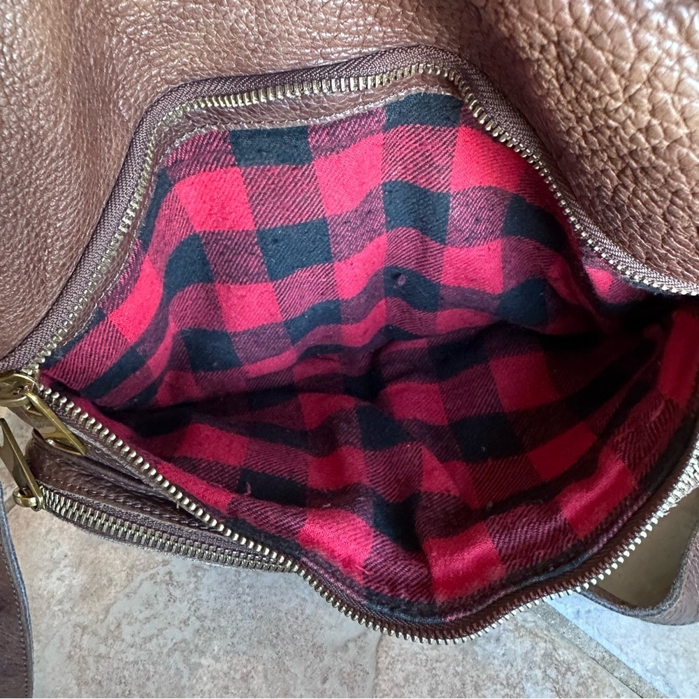 Liebeskind Berlin Brown Leather Buffalo Plaid Lining Slouchy Hobo Crossbody​​ - Picture 5 of 6